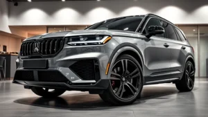 Luxury performance supercharged SUV parked in modern showroom with professional lighting, emphasizing aggressive front grille and premium wheel design without any visible signage or text