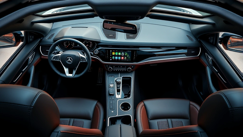 Detailed overhead view of high-performance SUV interior dashboard with leather seats and premium infotainment system, showcasing luxury appointments and modern technology integration