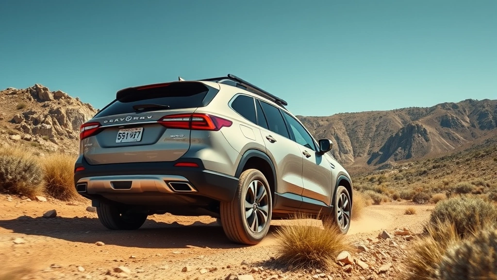 Outdoor action shot of all-terrain capable luxury SUV driving through mountainous terrain with clear blue sky, demonstrating off-road capability and performance characteristics in natural environment