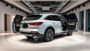 Luxury three-row SUV showroom display with professional lighting highlighting premium interior details and spacious cabin design