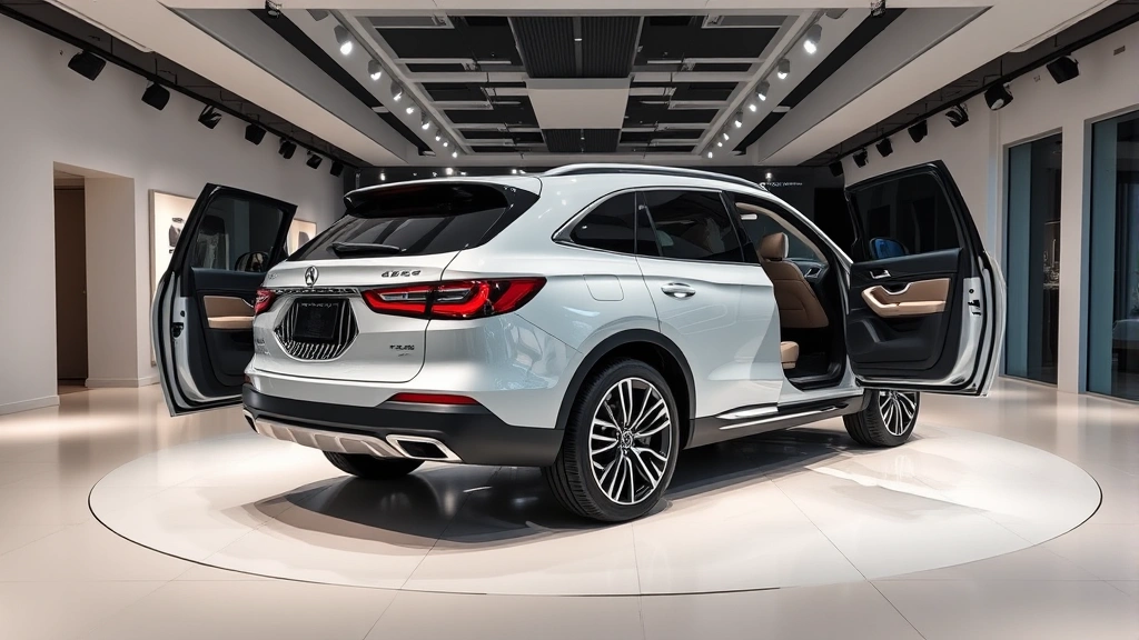 Luxury three-row SUV showroom display with professional lighting highlighting premium interior details and spacious cabin design