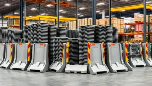 Industrial concrete jersey barriers stacked in organized rows at a manufacturing facility warehouse, showing quality production standards and inventory management systems