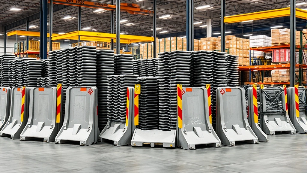 Industrial concrete jersey barriers stacked in organized rows at a manufacturing facility warehouse, showing quality production standards and inventory management systems
