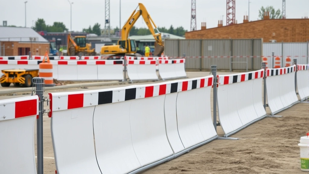 Construction site with multiple jersey barriers professionally installed in protective perimeter configuration, heavy equipment and workers visible in background