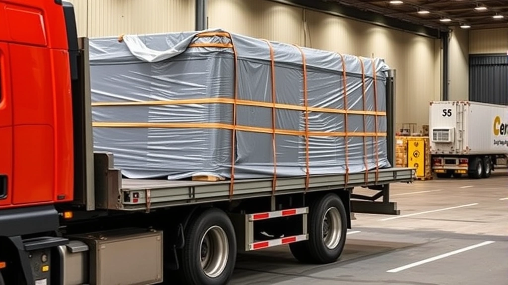 Logistics and transportation scene showing flatbed truck loaded with jersey barriers secured with proper strapping, demonstrating commercial delivery and handling procedures