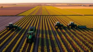Aerial view of large-scale mechanized farm with multiple John Deere tractors working rows of crops in organized formation, golden hour lighting, vast agricultural landscape