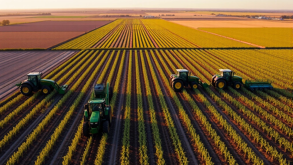 Aerial view of large-scale mechanized farm with multiple John Deere tractors working rows of crops in organized formation, golden hour lighting, vast agricultural landscape
