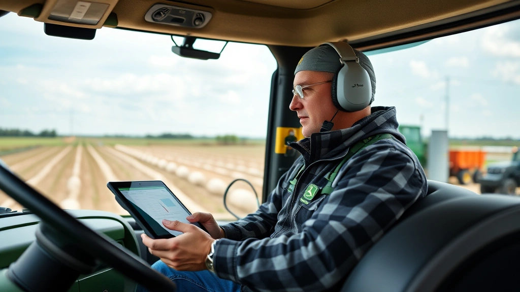 Modern John Deere tractor with precision agriculture technology in operation, detailed agricultural equipment, farmer monitoring field data on tablet device, realistic farm setting