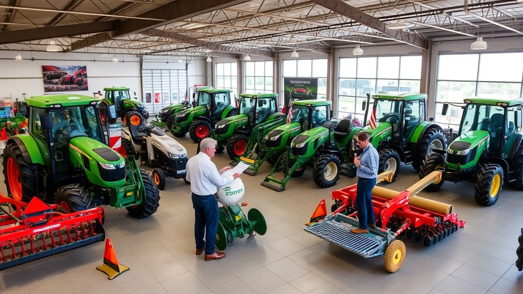 Agricultural equipment dealer showroom interior with multiple tractors and implements displayed, professional business environment, customers examining machinery specifications