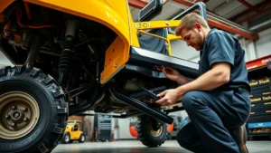 Professional mechanic inspecting undercarriage of yellow Gator utility vehicle with diagnostic tools in industrial workshop setting