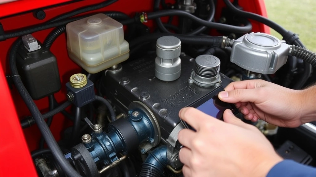 Close-up of detailed inspection of Gator engine compartment showing fluid levels, hoses, and mechanical components being evaluated