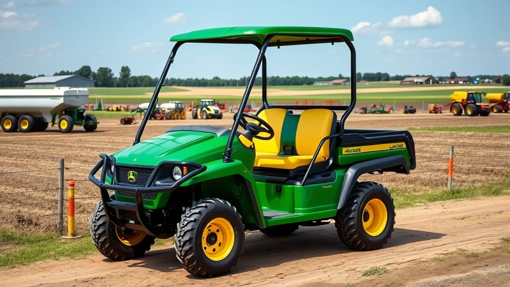 Wide shot of John Deere Gator parked in commercial agricultural setting with fields and equipment visible in background demonstrating work environment