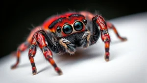 Close-up macro photography of a vibrant red and black jumping spider on a white surface, showing detailed eye patterns and fuzzy texture, professional studio lighting, shallow depth of field, high resolution