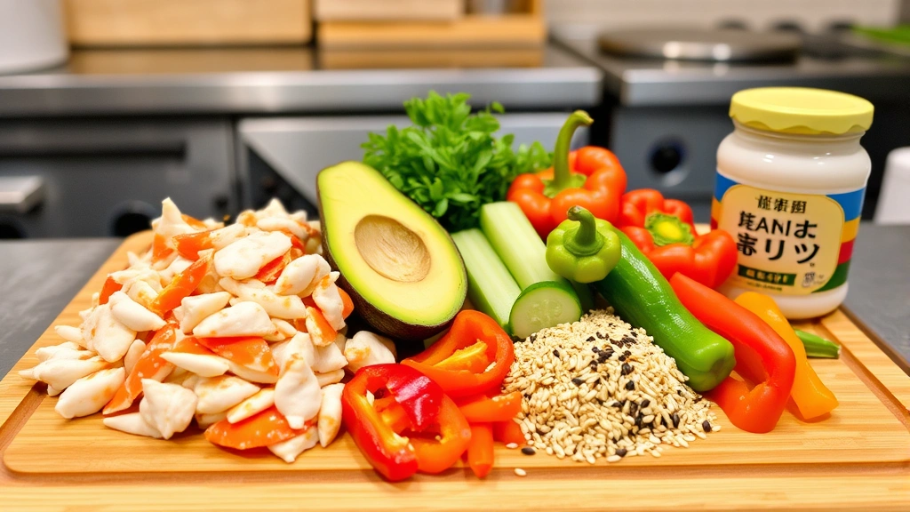 Fresh ingredients for kani salad arranged on wooden cutting board: imitation crab, ripe avocado, crisp cucumber, colorful bell peppers, sesame seeds, and Japanese mayonnaise jar in professional kitchen setting