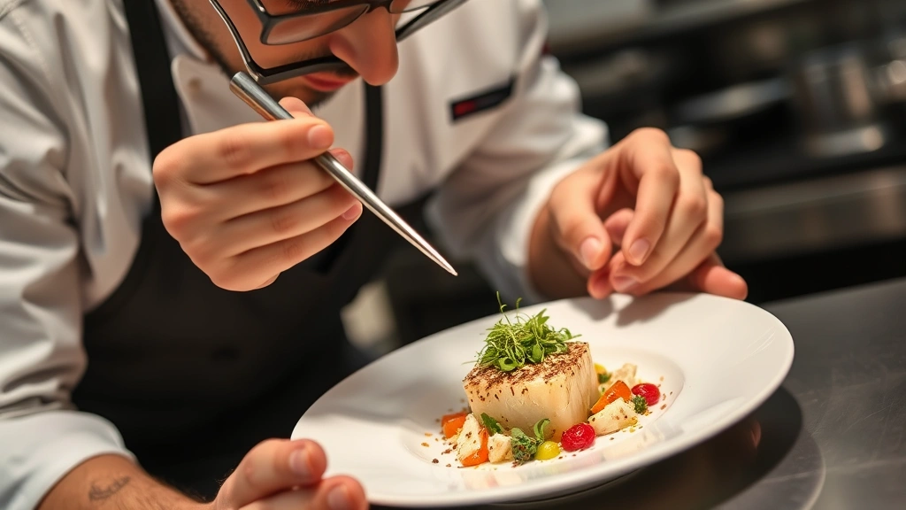 Professional chef carefully plating elegant kani salad on white ceramic plate, artfully arranging components with tweezers, garnishing with toasted sesame seeds and microgreens in upscale restaurant kitchen