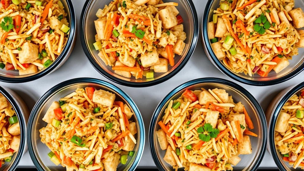 Overhead view of multiple finished kani salad servings in clear glass bowls, vibrant colors visible, properly portioned with consistent presentation, ready for delivery or service in commercial food operation
