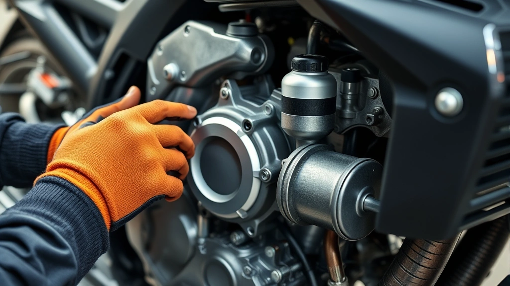 Close-up inspection of motorcycle engine compartment showing mechanic or buyer examining metal components, checking fluids, professional diagnostic atmosphere, hands wearing work gloves performing maintenance check