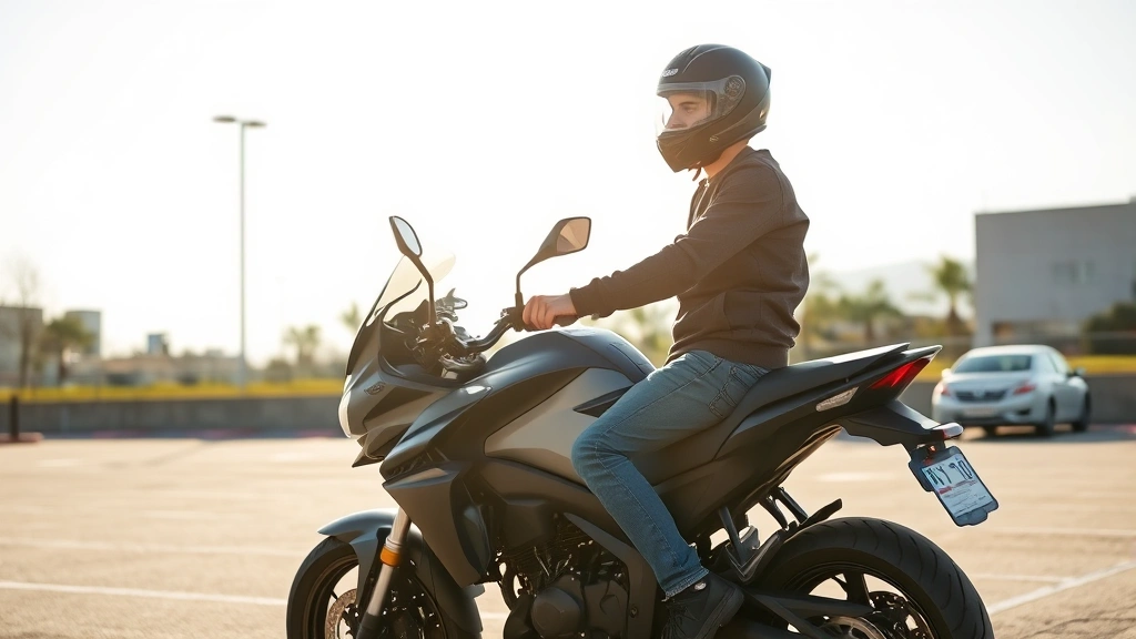 Young rider sitting on sport motorcycle in outdoor parking lot during daytime, wearing helmet and casual riding gear, motorcycle in excellent condition, natural sunlight, genuine buying experience moment