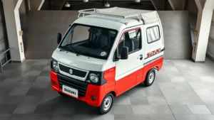 Professional overhead shot of a red and white Suzuki Carry kei truck parked in a modern warehouse or showroom, natural lighting, clean condition, business setting, no signage visible