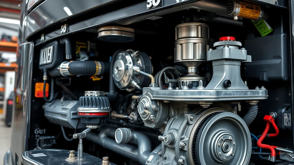 Close-up detail photograph of kei truck engine bay showing mechanical components, chrome details, and engine block, professional automotive photography style, well-lit workshop environment