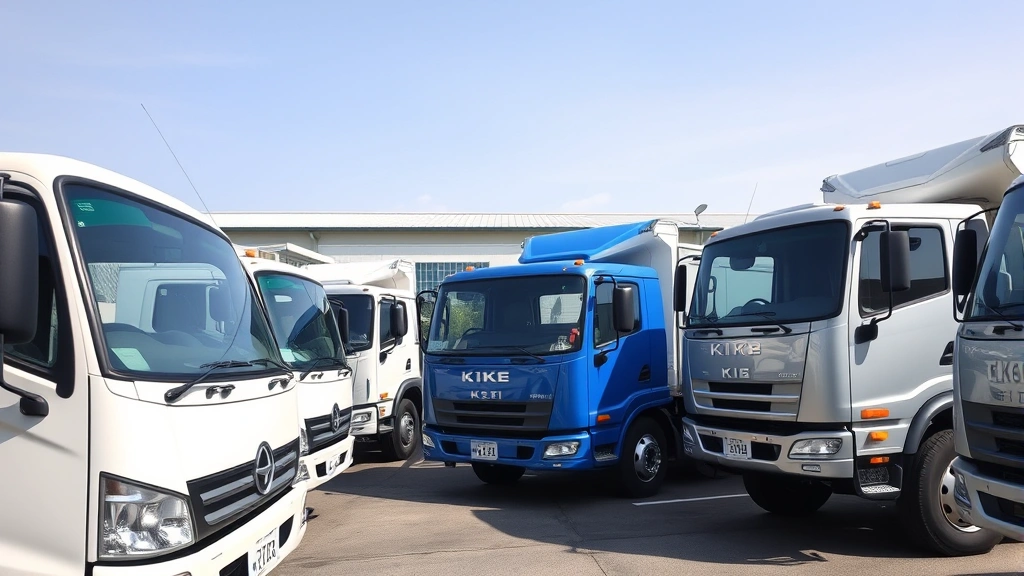 Wide shot of multiple kei trucks lined up in an organized inventory lot, various colors including white, blue, and silver, outdoor setting with clear skies, professional dealership or import facility appearance