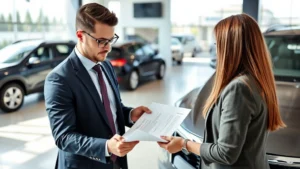 Professional automotive salesperson in business attire reviewing vehicle paperwork with customer at dealership showroom, natural lighting, modern office environment, focused on documentation and agreement review