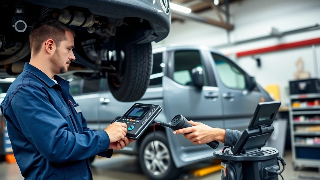 Certified mechanic performing detailed pre-purchase inspection on minivan in professional garage, using diagnostic equipment and inspection tools, examining undercarriage and mechanical components, professional setting