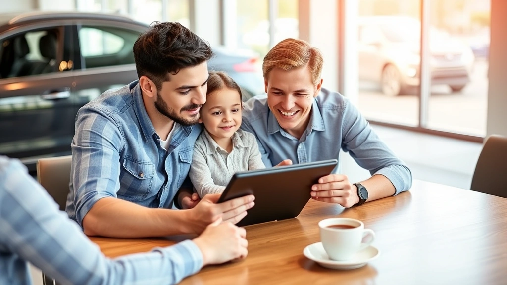 Family reviewing vehicle options on tablet computer while sitting at dealership table with coffee, discussing features and pricing, natural daylight through windows, collaborative decision-making scene