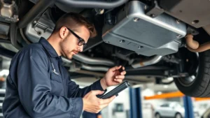 Professional automotive inspector examining vehicle undercarriage and mechanical systems with diagnostic tools during comprehensive pre-purchase inspection in bright service bay