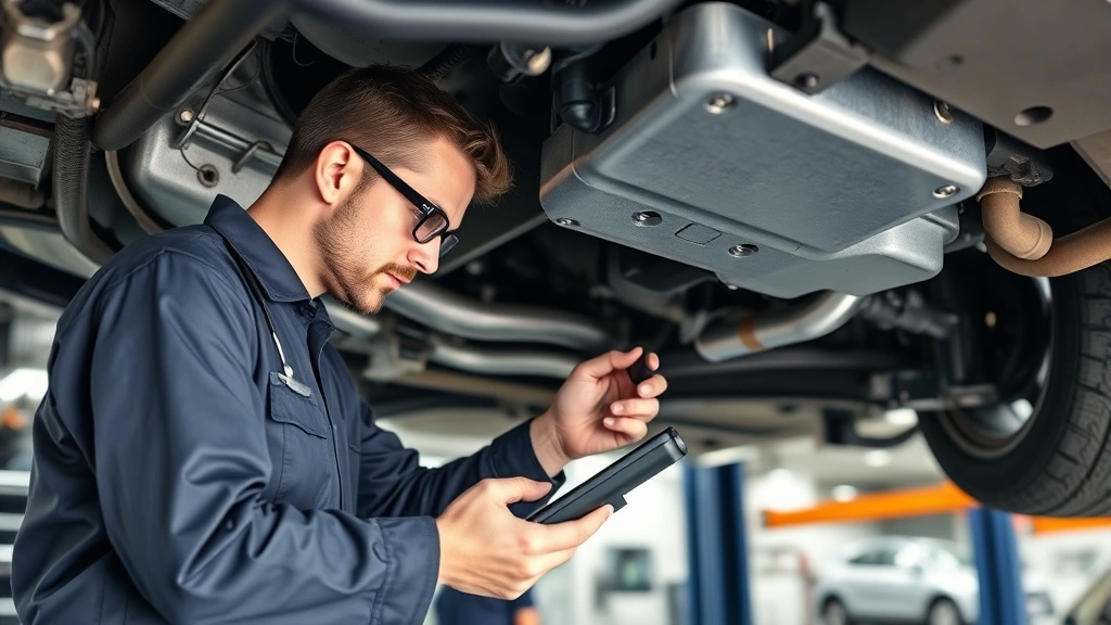 Professional automotive inspector examining vehicle undercarriage and mechanical systems with diagnostic tools during comprehensive pre-purchase inspection in bright service bay