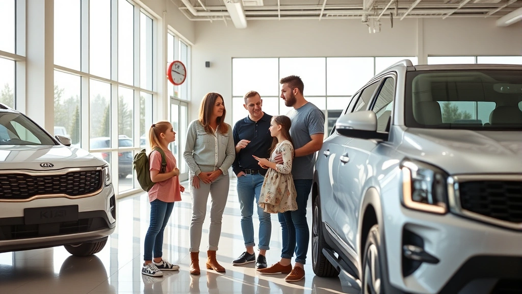 Family of four examining new Kia Telluride in modern dealership showroom with sales consultant pointing to vehicle features, bright natural lighting