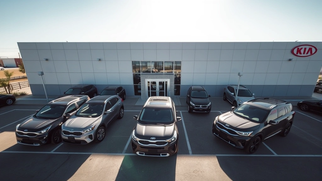 Overhead view of multiple Kia Telluride vehicles parked in dealership lot under Texas sunlight with modern showroom building in background
