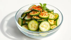Professional food photographer capturing vibrant Korean cucumber salad in clear glass bowl, showing glistening sesame oil coating, scattered toasted sesame seeds, and fresh gochugaru garnish, natural daylight, minimalist white background, shot from 45-degree angle