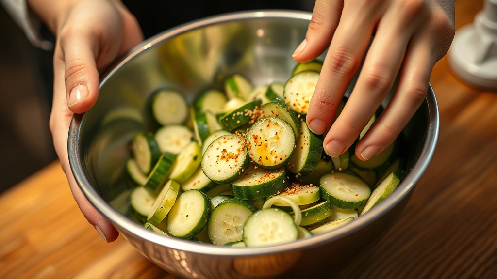 Close-up detail of hands tossing sliced cucumbers with seasoning mixture in stainless steel bowl, showing proper technique, sesame oil sheen, and ingredient distribution, warm kitchen lighting, shallow depth of field