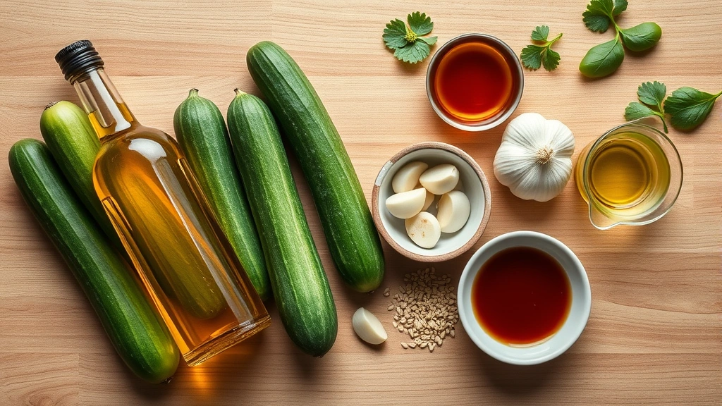 Overhead flat-lay composition of Korean cucumber salad ingredients arranged artfully: fresh cucumbers, sesame oil bottle, gochugaru in small ceramic dish, garlic cloves, sesame seeds, soy sauce, and rice vinegar, on natural wood surface with soft shadow detail
