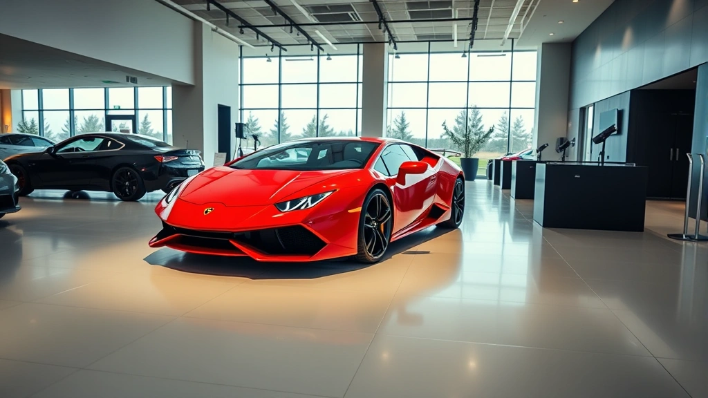Luxury automotive dealership showroom featuring a red Lamborghini Huracán supercar in pristine condition, professional lighting highlighting glossy paint and aerodynamic design, modern dealership interior with polished floors and minimalist aesthetic, daytime natural lighting through large windows