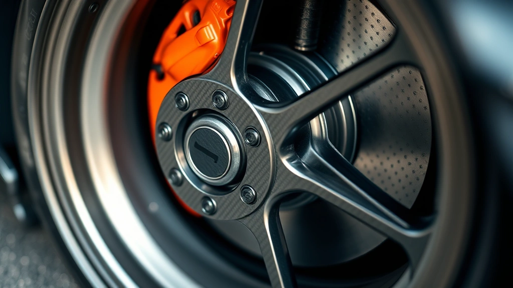 Close-up detail shot of high-performance carbon fiber brake components and premium tire assembly on exotic sports car, professional automotive photography, shallow depth of field, metallic finish catching light, precision engineering visible