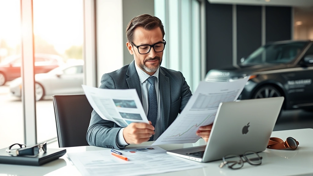 Affluent businessman reviewing automotive documents and paperwork at sleek desk with laptop, analyzing market data and vehicle specifications, professional office environment with luxury accessories visible, focused expression suggesting financial decision-making process