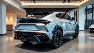 Luxury silver Lamborghini Urus SUV photographed from three-quarter angle in premium dealership showroom with modern architecture and professional lighting