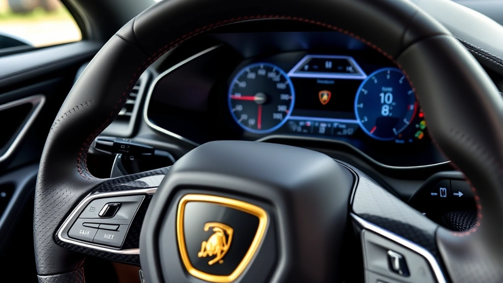Close-up detail of Lamborghini Urus interior dashboard featuring premium leather steering wheel, digital instrument cluster, and carbon fiber trim accents