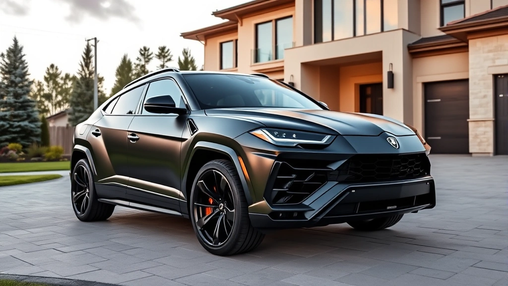 Lamborghini Urus in matte black finish parked in upscale residential driveway with modern architecture home, showcasing vehicle's commanding presence and exclusive status