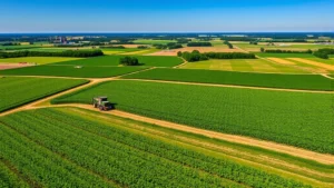 Aerial view of sprawling Arkansas farmland with rolling fields of soybeans and cotton stretching to horizon, modern farming equipment visible, clear blue sky, professional agricultural landscape photography
