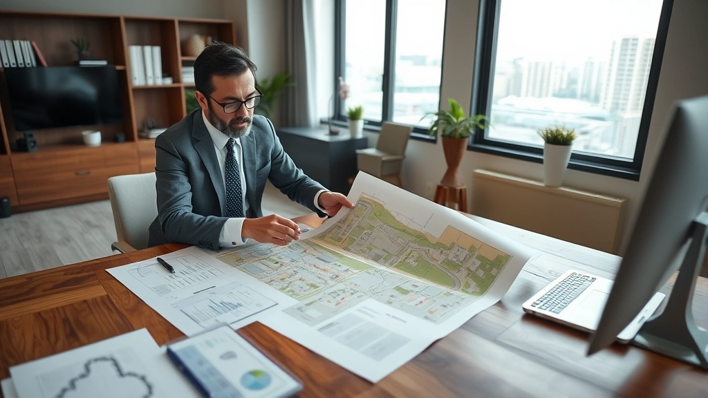 Professional businessman and real estate agent reviewing property documents and aerial development plans at wooden desk in modern office, discussing land investment strategy with maps and data visible