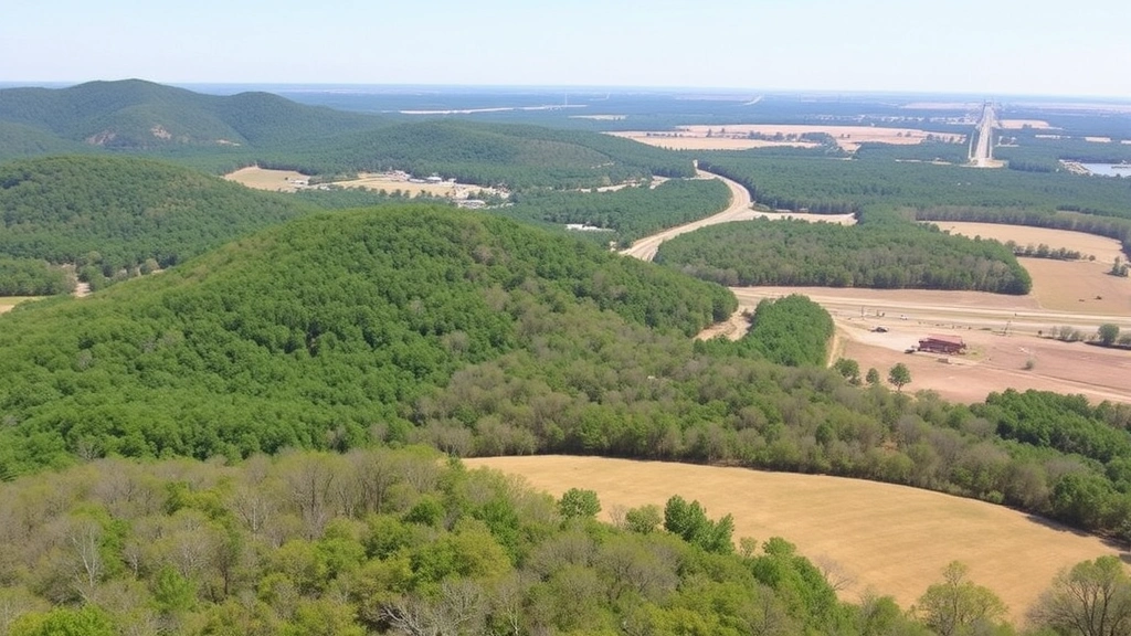 Scenic Arkansas landscape showing diverse terrain from forested hills to open pastureland, highway access visible in distance, clear conditions highlighting regional variation and development potential