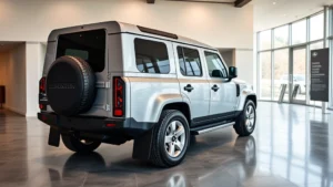 Professional photograph of a silver Land Rover Defender 130 parked in a modern dealership showroom with polished concrete flooring and minimalist lighting, emphasizing the vehicle's extended wheelbase and premium design details without any visible text or signage
