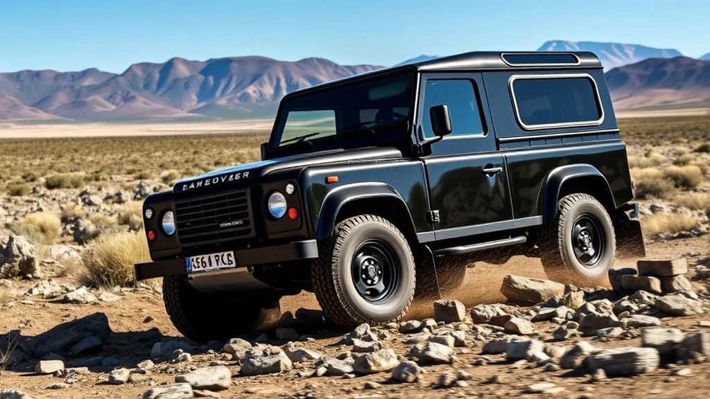 Action shot of a black Land Rover Defender 130 navigating rocky terrain in a remote landscape with mountains in the background, demonstrating genuine off-road capability and terrain articulation, no visible text or markers