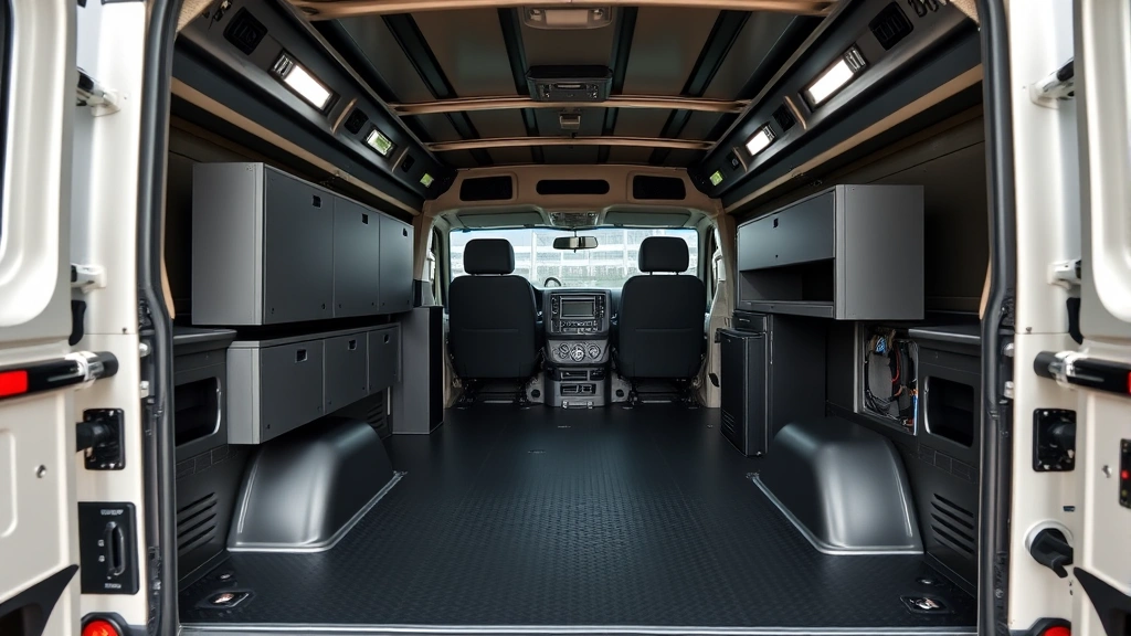 Overhead view of a Land Rover Defender 130 cargo area with modular storage systems and equipment mounting points visible, showing the spacious interior configuration for commercial applications, clean professional lighting with no signage or text overlay