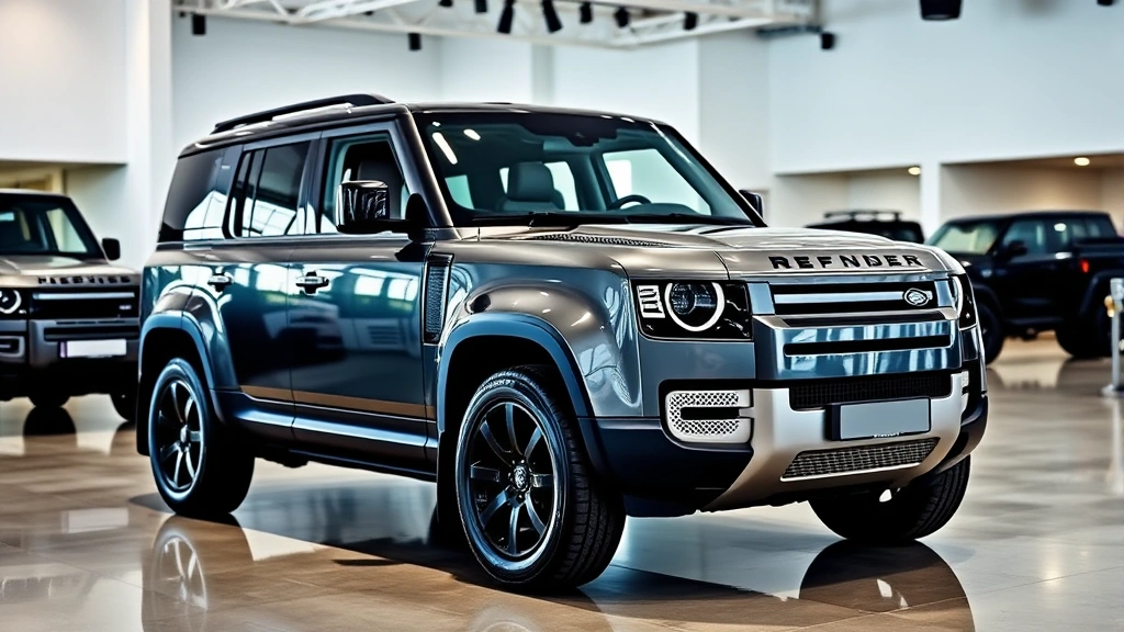 Professional photograph of a Land Rover Defender 110 parked in a modern dealership showroom with polished concrete floors and bright overhead lighting, showcasing the vehicle's sleek profile and premium exterior details