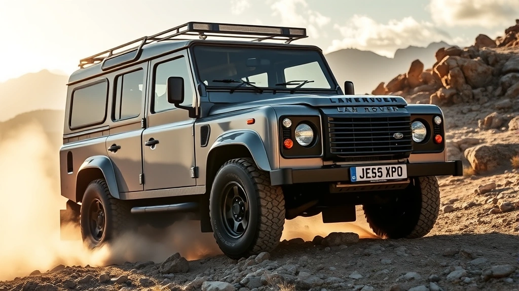 High-quality image of a Land Rover Defender navigating rocky terrain during daylight, capturing the vehicle's off-road capability with dust clouds and dramatic landscape background, demonstrating adventurous capability