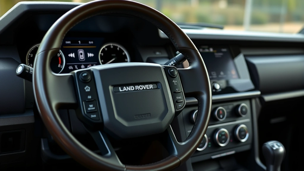 Interior close-up photograph of a modern Land Rover Defender dashboard and steering wheel, highlighting premium touchscreen infotainment system, leather steering wheel, and sophisticated climate control interface